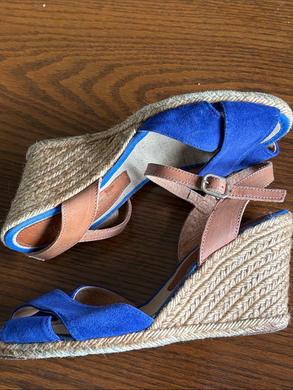 Casteller hand made in Spain blue suede/tan leather wedge espadrilles EUC